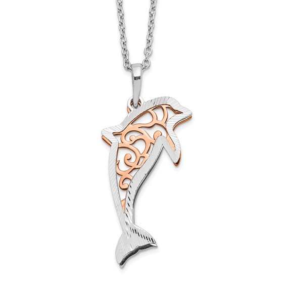 Sterling Silver Rose-tone Diamond-cut Dolphin w/ 2in ext. Necklace