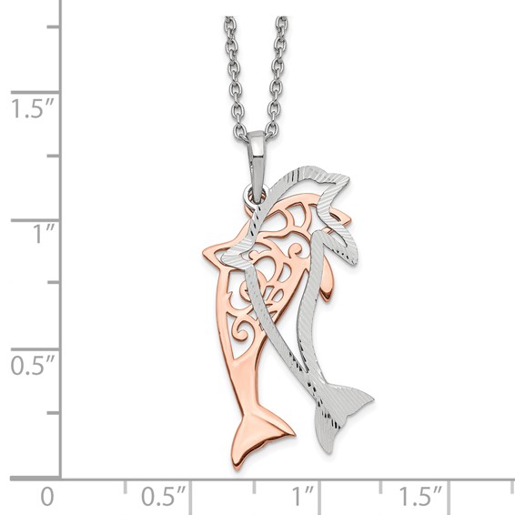 Sterling Silver Rose-tone Diamond-cut Dolphin w/ 2in ext. Necklace