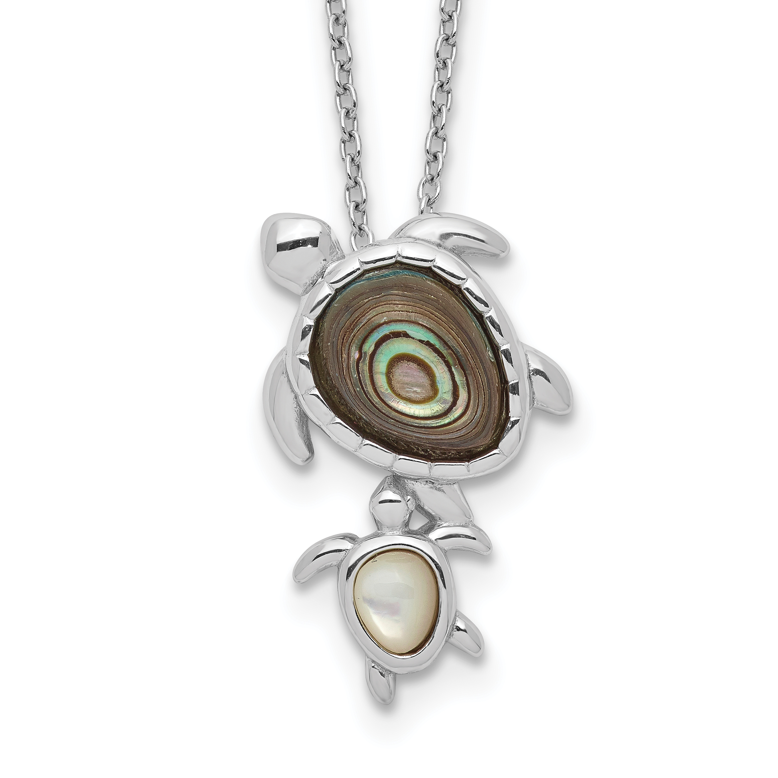 Sterling Silver Rhodium-plated Polished Abalone and Mother of Pearl Turtle 18 inch Necklace (QG5447-18)