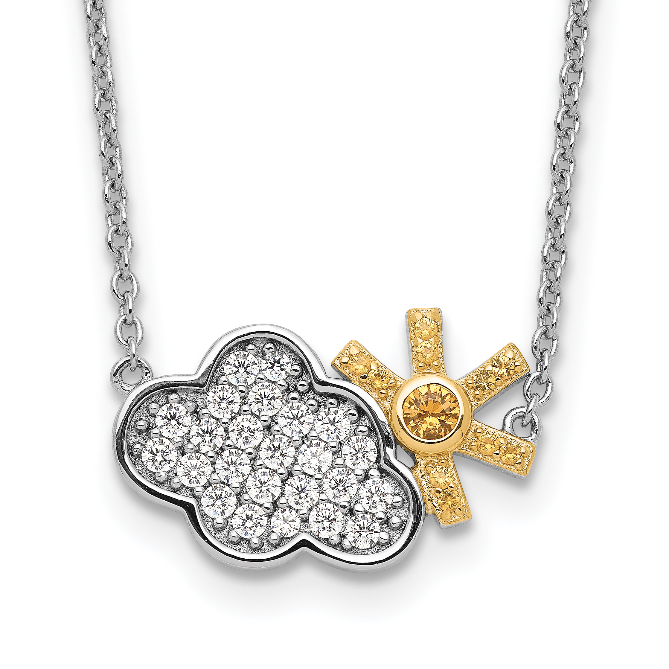Sterling Silver RH-plated Gold-tone CZ Cloud w/Sun 2in ext Necklace (QG5451-16)