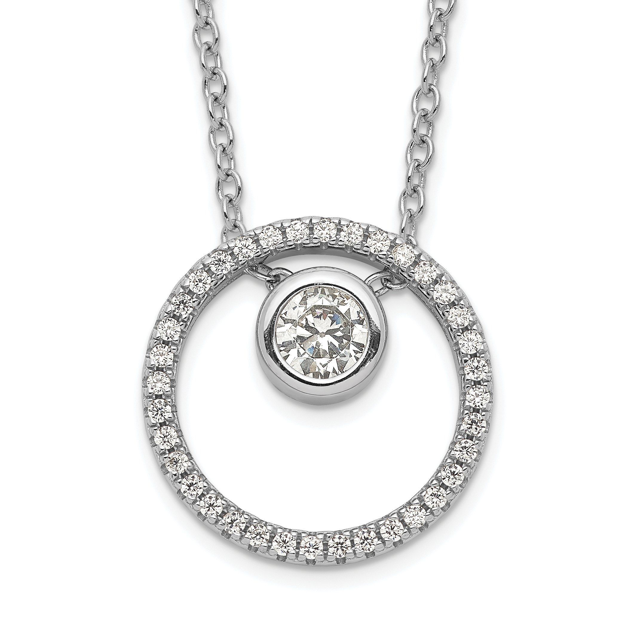 Sterling Silver RH-plated CZ Circle w/1in. Ext. Necklace (QG5455-16)