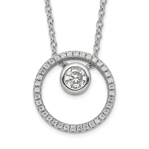 Sterling Silver Rhodium-plated CZ Circle Necklace with 1 Inch Extension, 16"