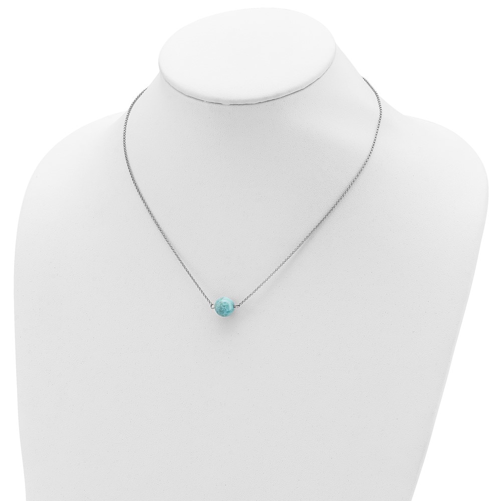 Sterling Silver Rhodium-plated Larimar Bead w/ 2in ext. Necklace (QG5466-16)