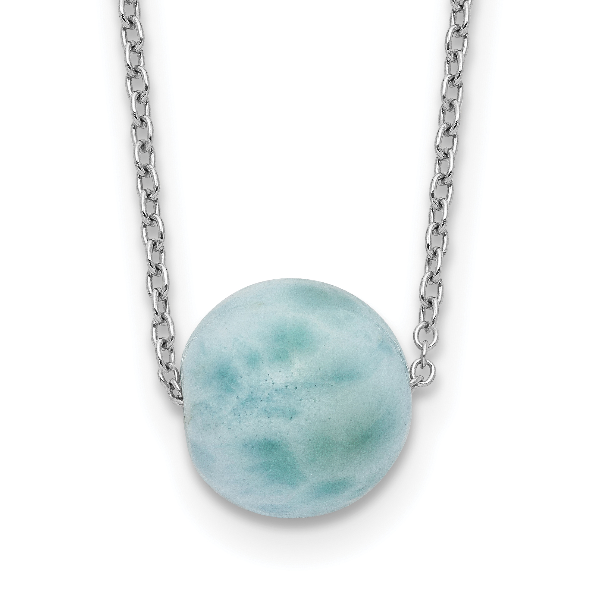 Sterling Silver Rhodium-plated Larimar Bead w/ 2in ext. Necklace (QG5466-16)