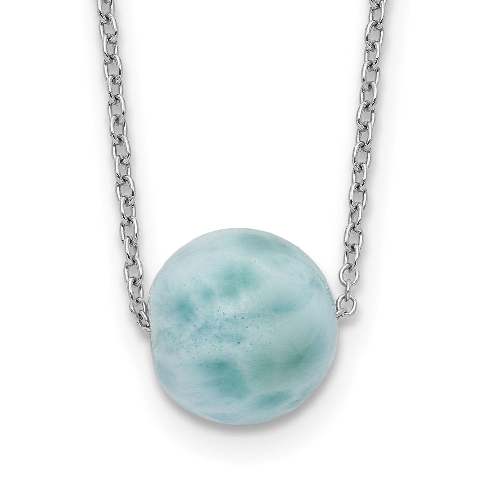 Sterling Silver Rhodium-plated Larimar Bead w/ 2in ext. Necklace (QG5466-16)