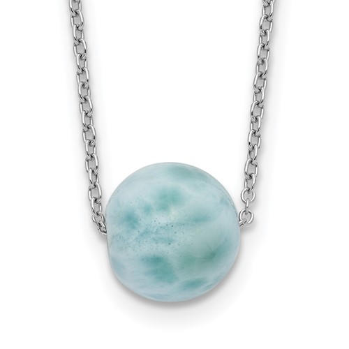 Sterling Silver Rhodium-plated 10mm Round Larimar Bead Necklace with 2 Inch Extension, 16"