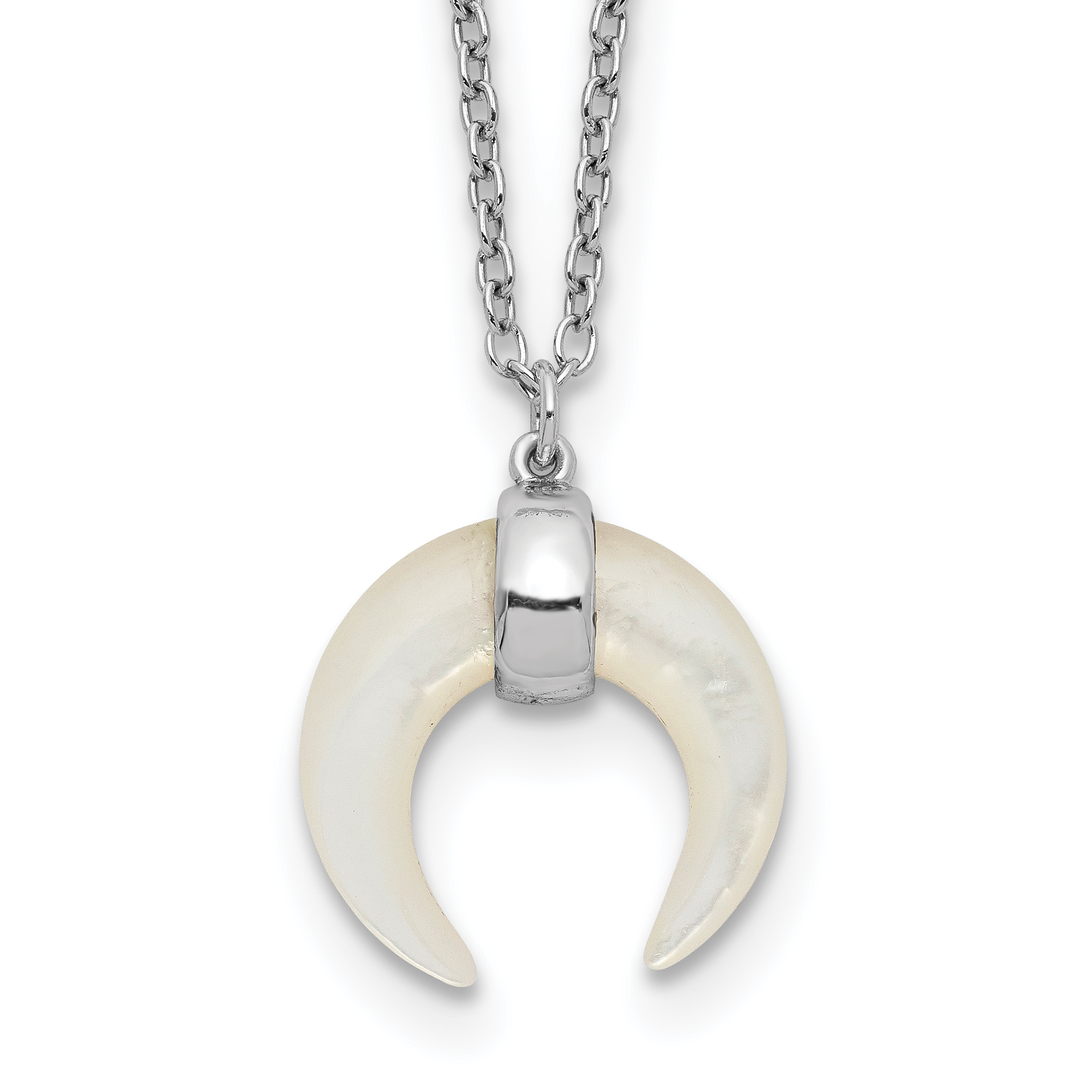 Sterling Silver RH-plated Mother Of Pearl Moon w/2in ext Necklace (QG5469-16)