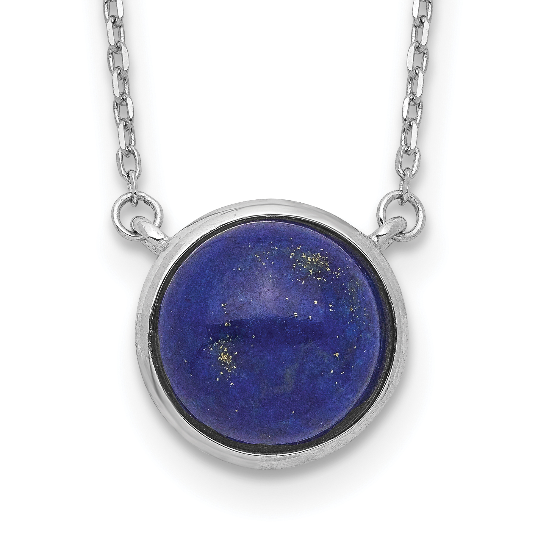 Sterling Silver Rhodium-plated Round Lapis Cabochon Necklace (QG5471-17.5)