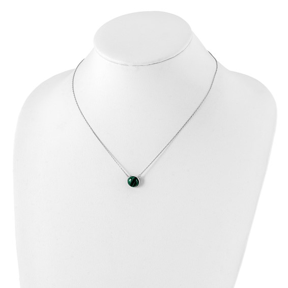 Sterling Silver Rhodium-plated Round Malachite Cabochon Necklace