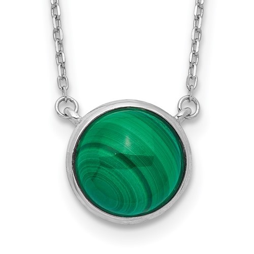 Sterling Silver Rhodium-plated 11mm Round Malachite Cabochon Necklace, 17.5"