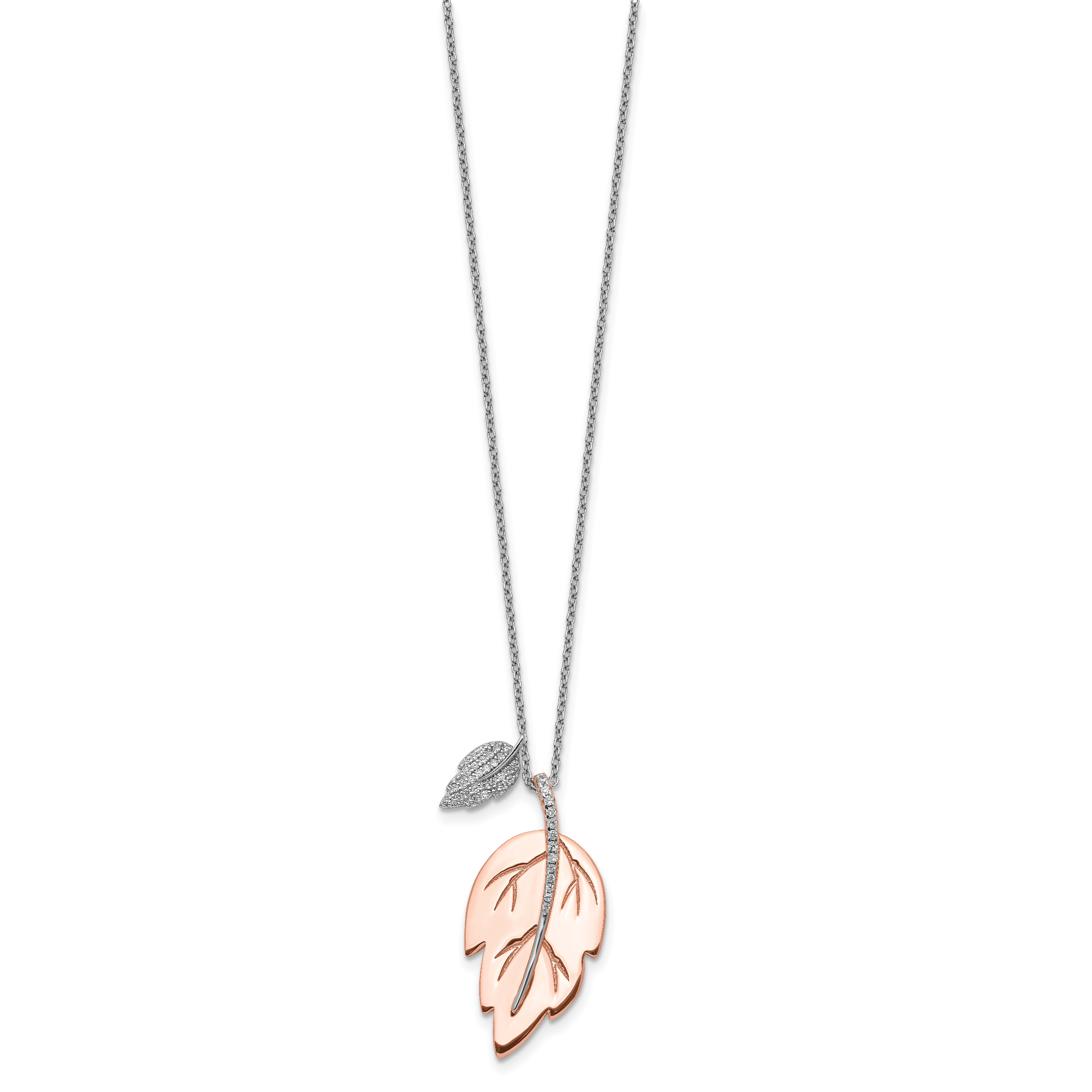 Silver Rose-tone Polished CZ Leaf 16 inch with 2 inch Extension Necklace QG5480 detailed image 2