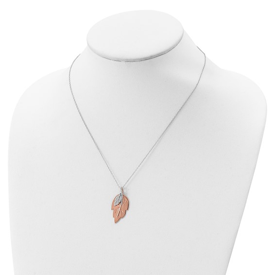 Sterling Silver Rose-tone CZ Leaf w/ 2in ext. Necklace