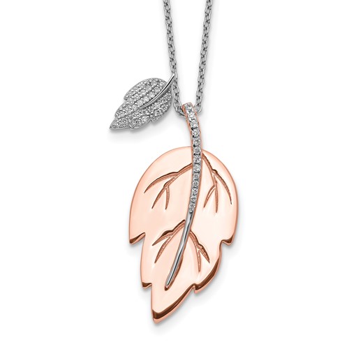 Sterling Silver Rose-tone Polished CZ Leaf Necklace with 2 Inch Extension, 16"