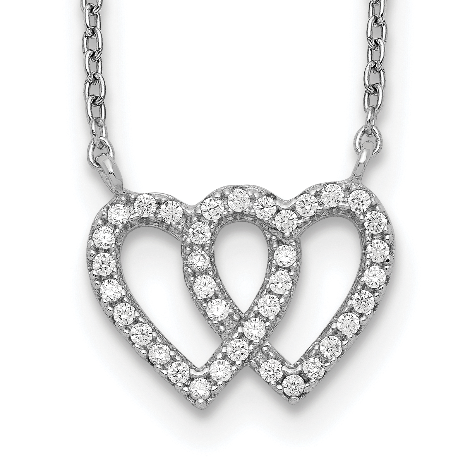 Sterling Silver Rhodium-plated Interconnected Double CZ Open Heart 16.5 inch Necklace with 1 inch extension (QG5483-16.5)