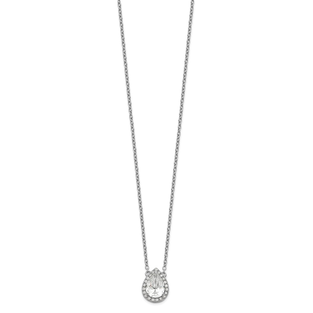 Sterling Silver Rhodium-plated Pear CZ Halo w/1in ext Necklace (QG5485-16)