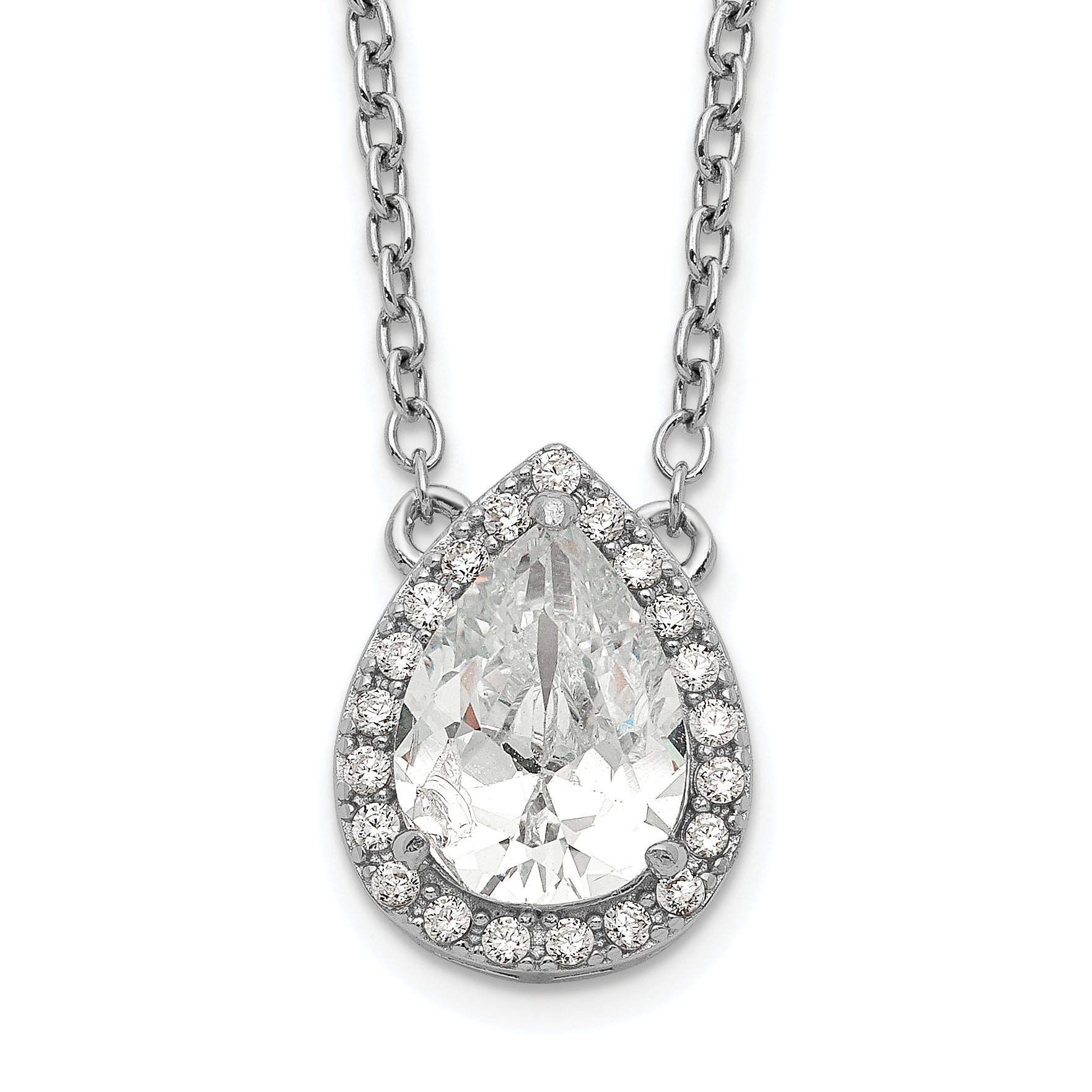 Sterling Silver Rhodium-plated Pear CZ Halo w/1in ext Necklace (QG5485-16)