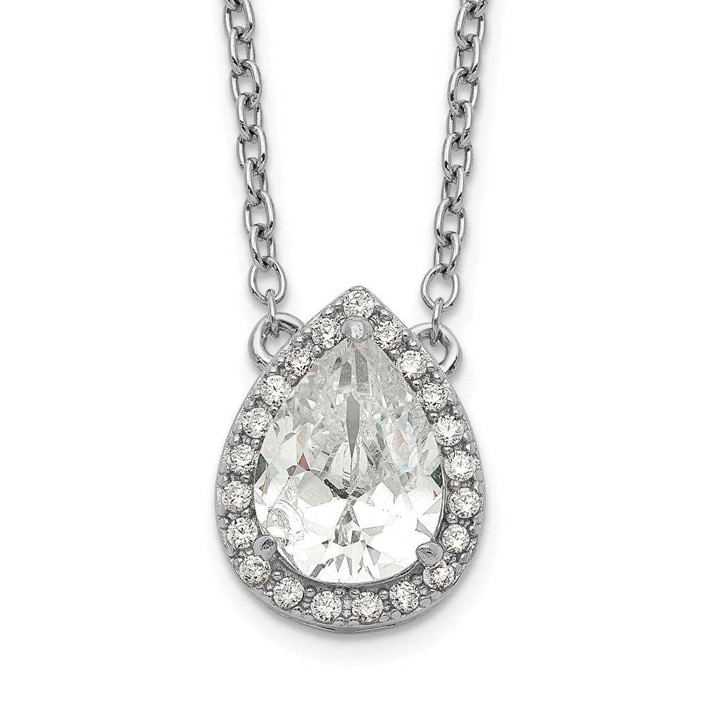 Sterling Silver Rhodium-plated Pear CZ Halo w/1in ext Necklace (QG5485-16)
