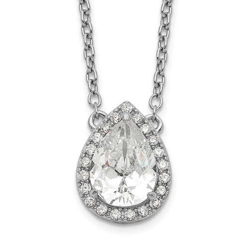 Sterling Silver Rhodium-plated Pear CZ Halo Necklace with 1 Inch Extension, 16"