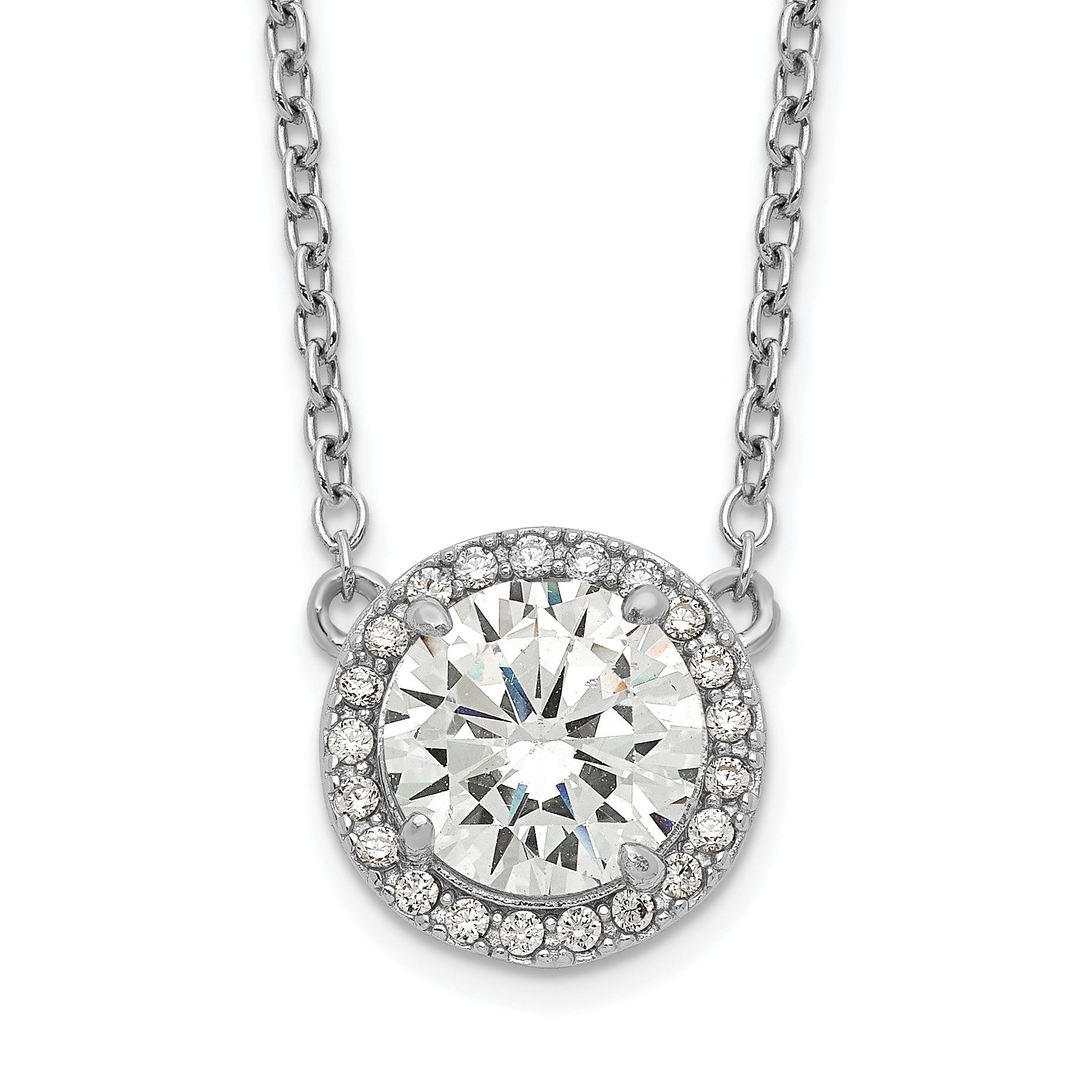 Sterling Silver Rhodium-plated Round CZ Halo w/1in ext Necklace (QG5486-16)