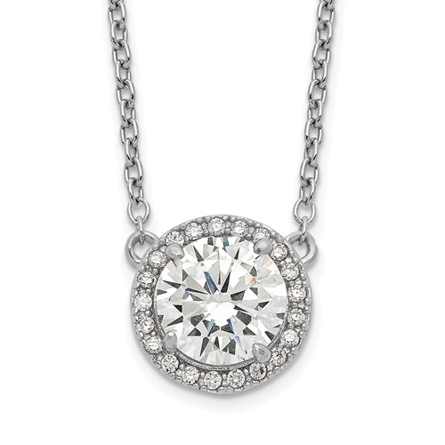 Sterling Silver Rhodium-plated 9mm Round CZ Halo Necklace with 1 Inch Extension, 16"
