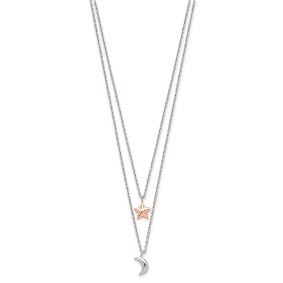 Sterling Silver Rose-Tone 2-strand Moon and Star w/1in ext Necklace