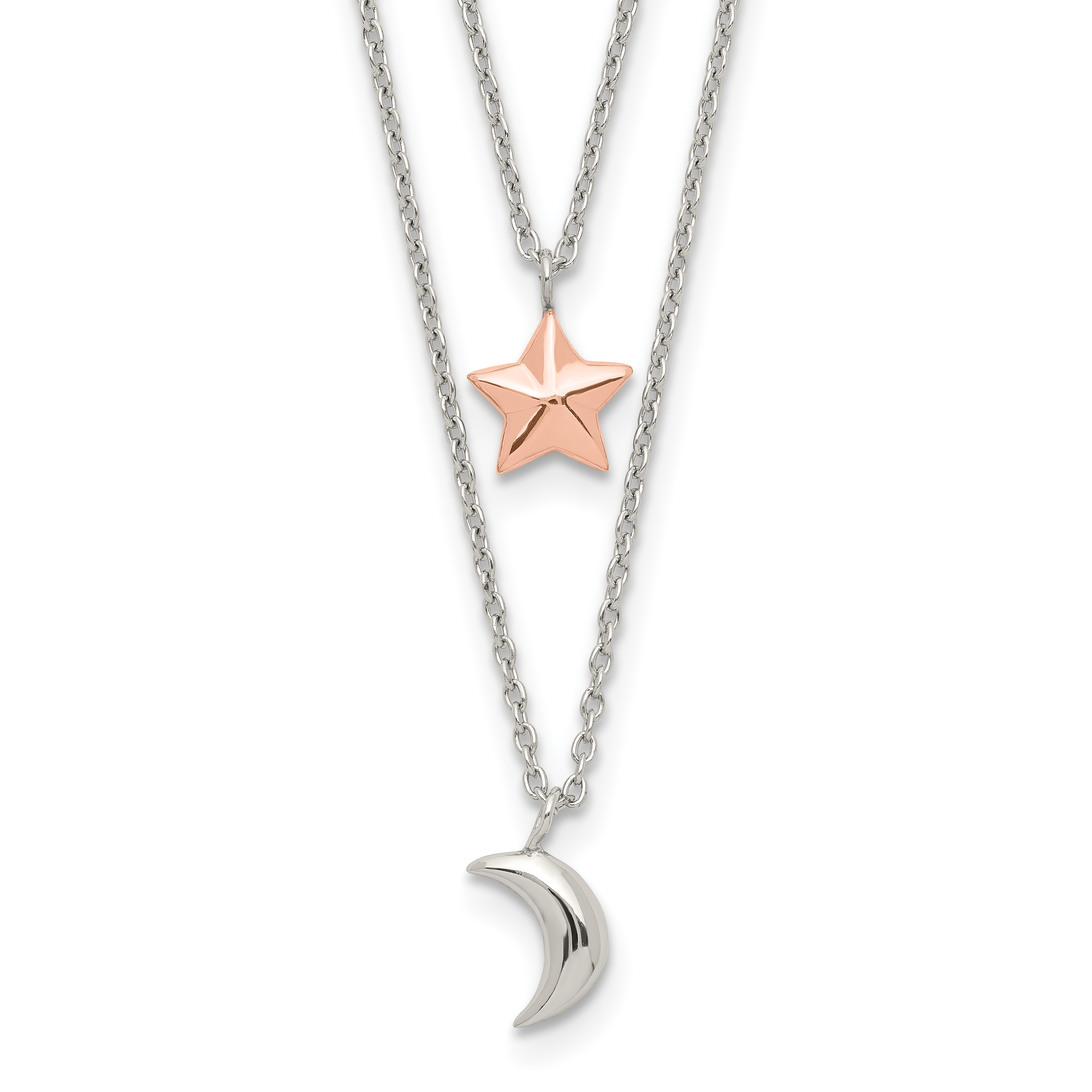 Sterling Silver Rose-Tone 2-strand Moon and Star w/1in ext Necklace (QG5488-17.5)