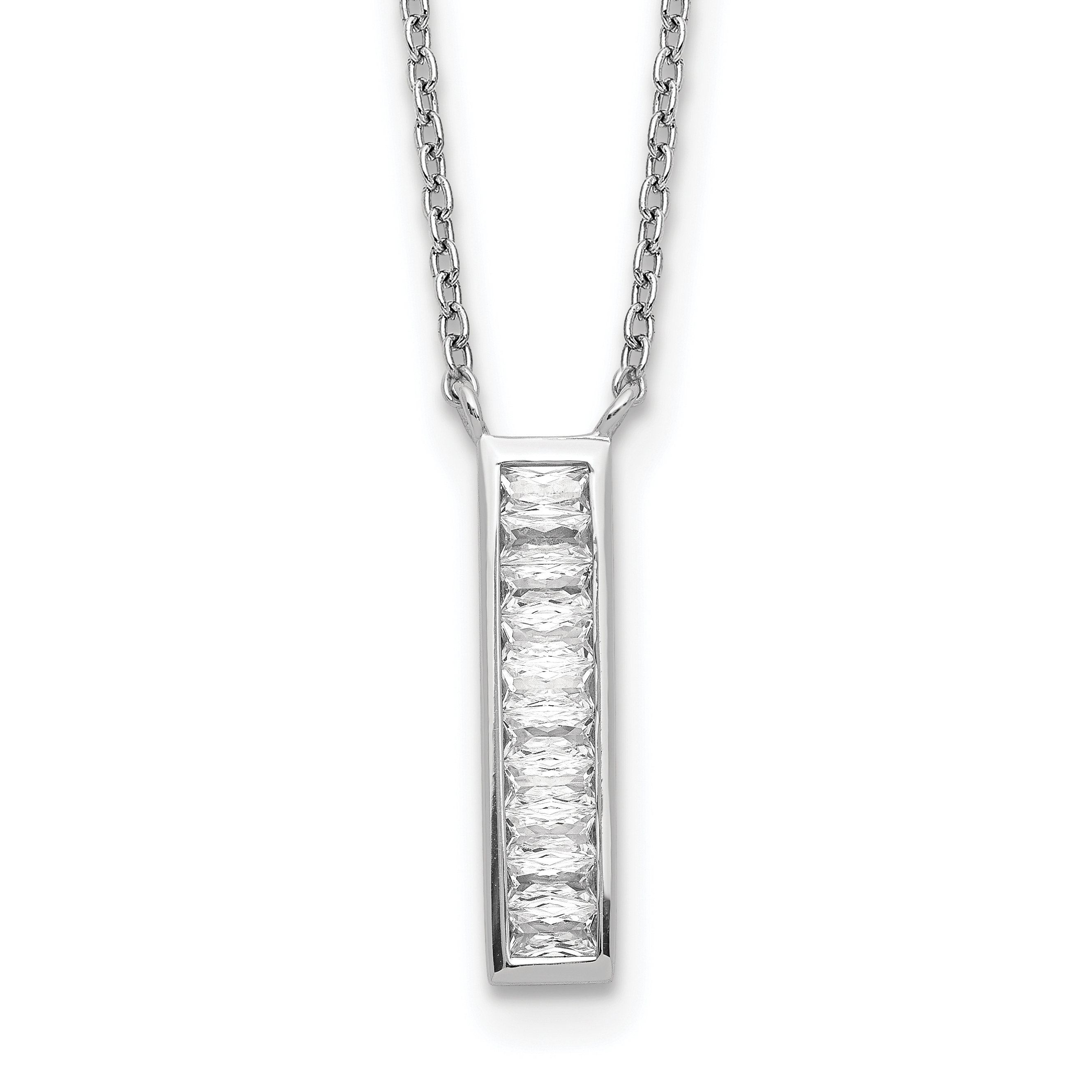 Sterling Silver Rhodium Plated CZ Vertical Bar Necklace (QG5497-17.5)