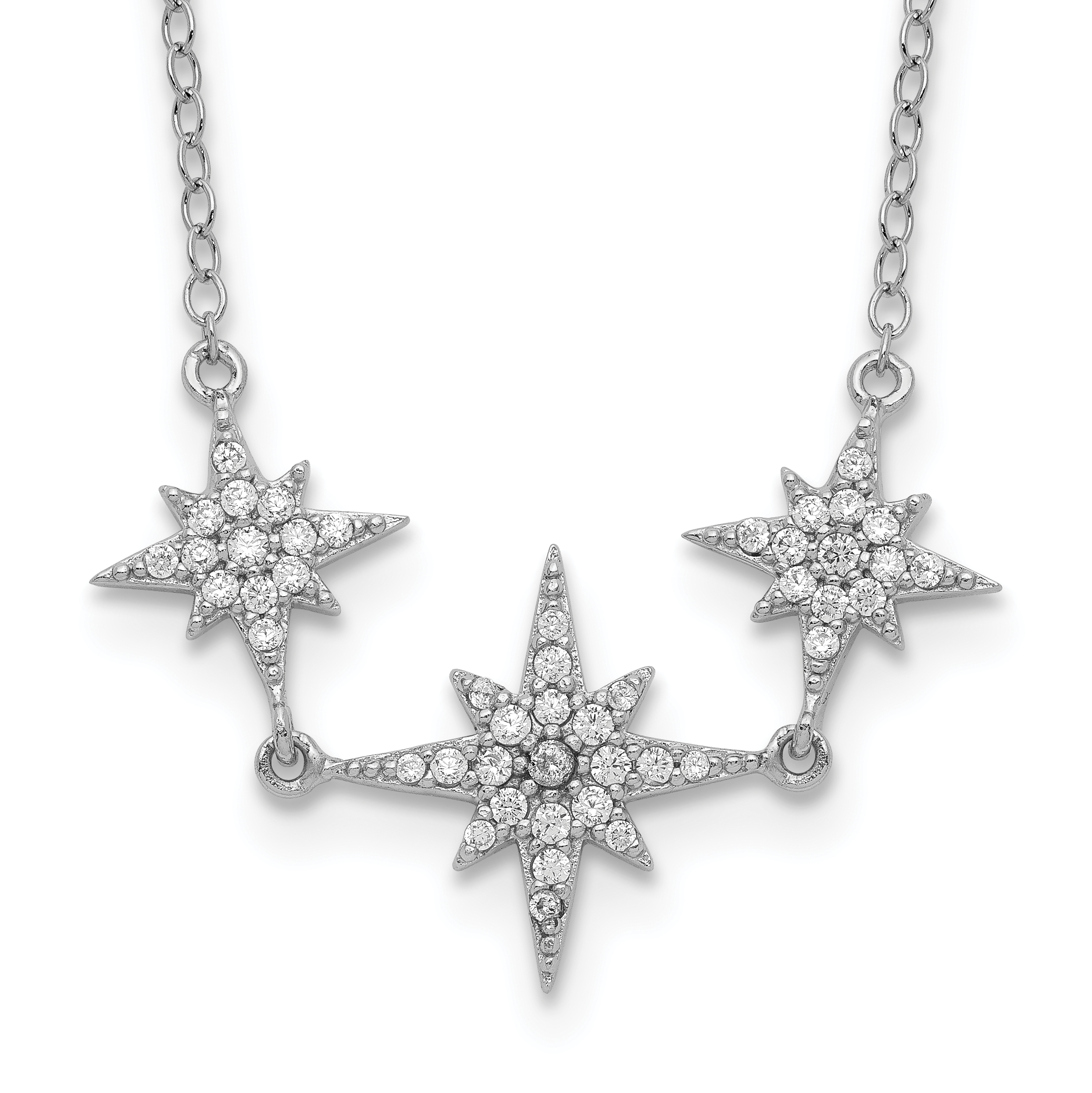 Sterling Silver Rhodium-plated CZ 3-Stars w/2in ext Necklace (QG5516-16)