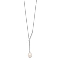 Sterling Silver Rhodium-plated CZ Bar Freshwater Cultured Pearl Necklace with 2 Inch Extension Lariat, 16" view 2