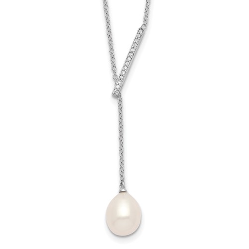 Sterling Silver Rhodium-plated CZ Bar Freshwater Cultured Pearl Necklace with 2 Inch Extension Lariat, 16"
