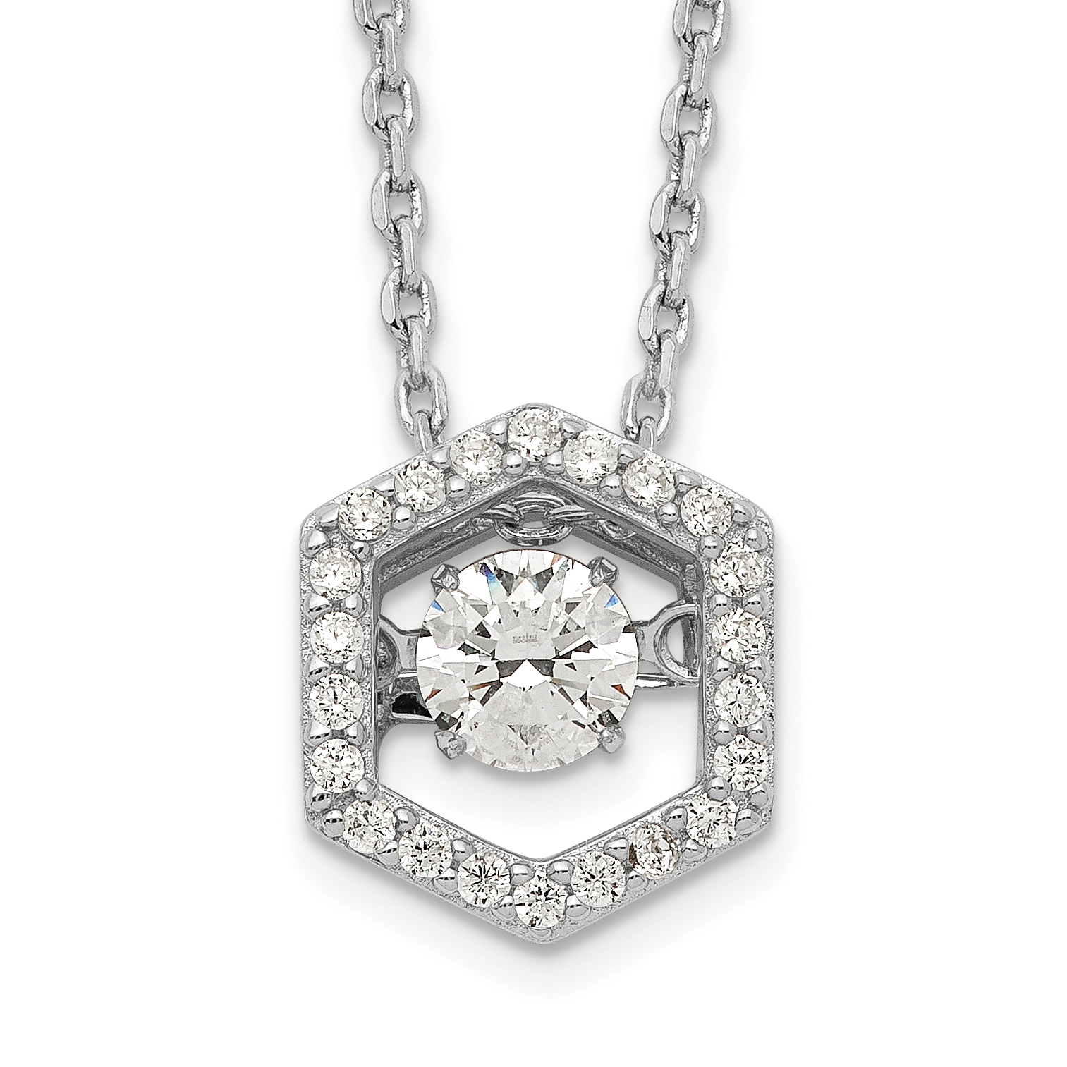 Sterling Silver Rhod-plated Hexagon Moving CZ w/2in ext Necklace (QG5520-16)