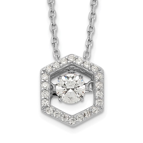 Sterling Silver Rhodium-plated Hexagon Moving CZ Necklace with 2 Inch Extension, 16"