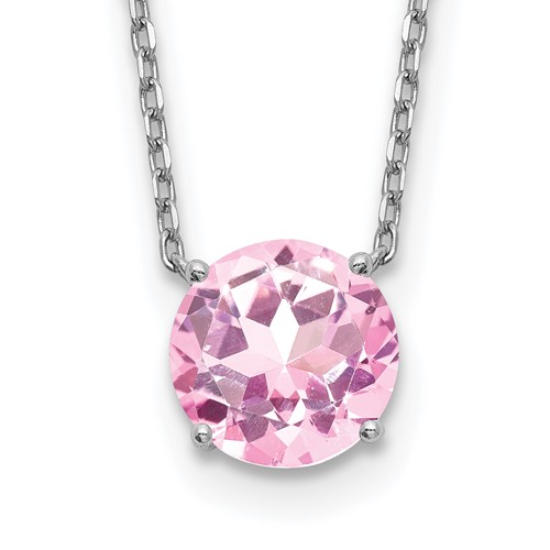 Sterling Silver Rhodium-plated 8.25mm Round Pink Crystal Necklace with 2 Inch Extension, 16.5"