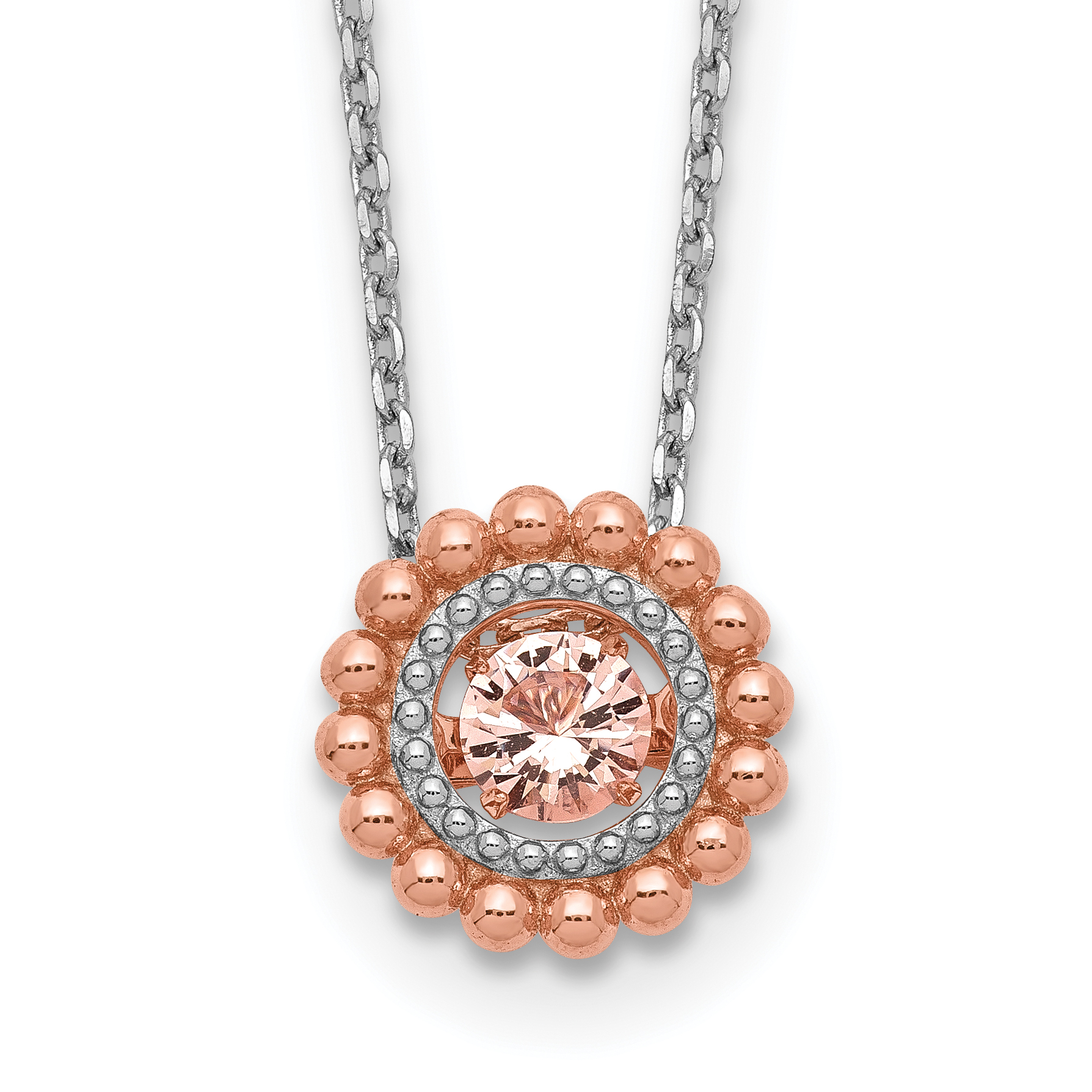 Sterling Silver RH-pltd Rose-tone Moving Pink CZ w/2in ext Necklace (QG5540-16)