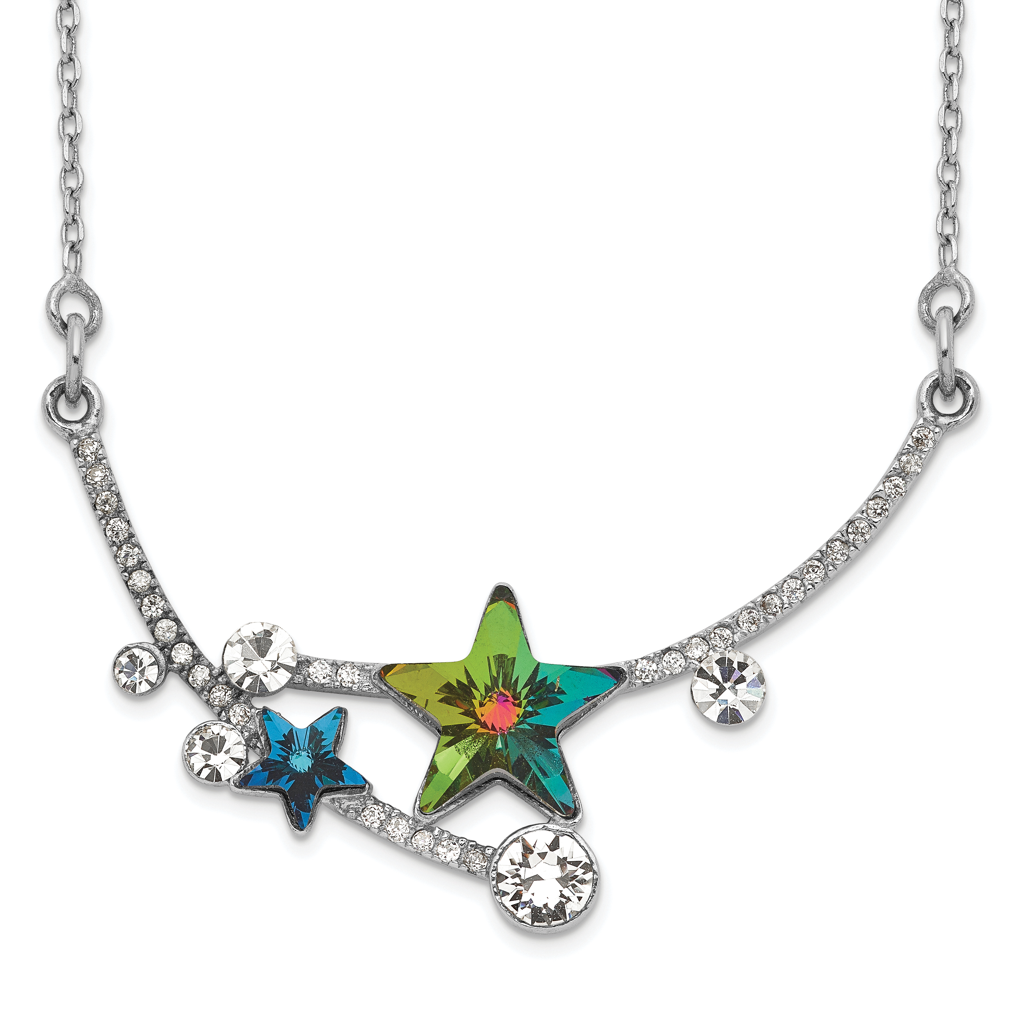 Sterling Silver RH-plated Multi-color Crystal Star w/2in ext Necklace (QG5542-15.5)