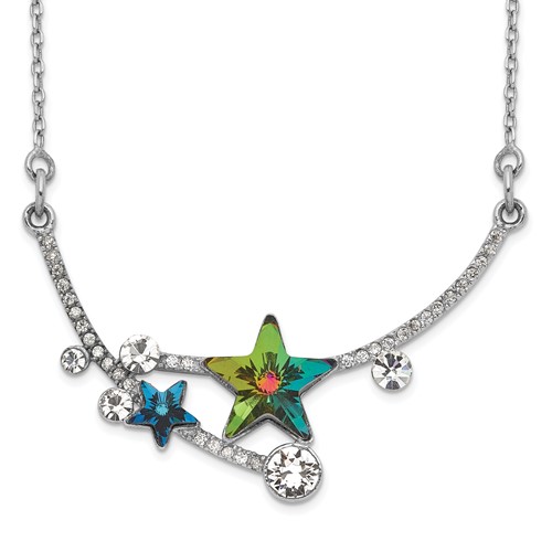 Sterling Silver Rhodium-plated Multi-color Crystal Star Necklace with 2 Inch Extension, 15.5"