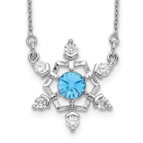 Sterling Silver Rhodium-plated Blue and Clear Crystal Snowflake Necklace with 2 Inch Extension, 15.5"
