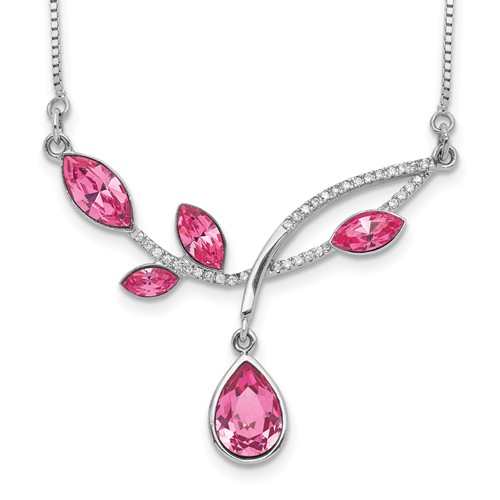 Sterling Silver Rhodium-plated Pink Crystal Branch Necklace with 2 Inch Extension, 16"