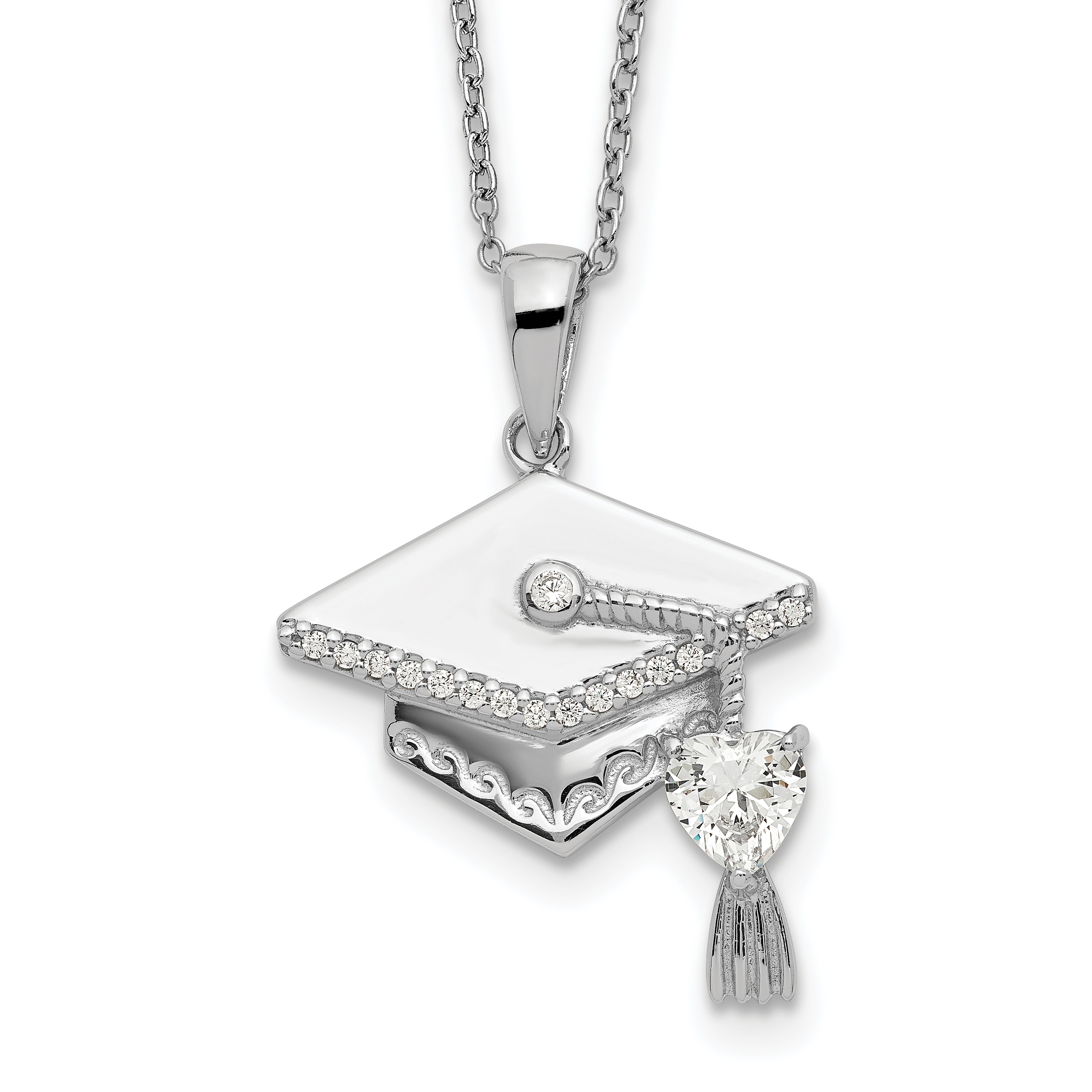 Sterling Silver CZ Graduation Cap Necklace (QG5557-17.5)