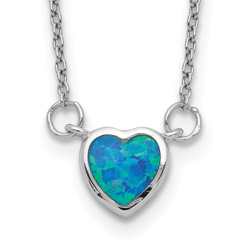 Sterling Silver Rhodium-plated Created Opal Heart w/ 4in ext. Choker (QG5559-12)