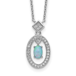 Sterling Silver Rhodium-plated Clear CZ Oval with Lab Created Opal Oval Dangle 16 inch Necklace with 2 inch extension