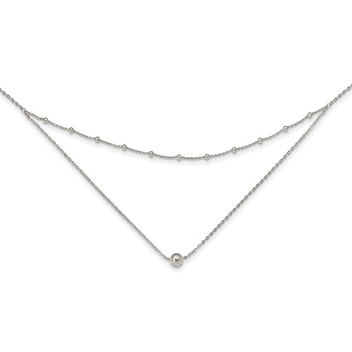 Sterling Silver Polished Beaded Center Drop Necklace with 4 Inch Extension Choker, 12"