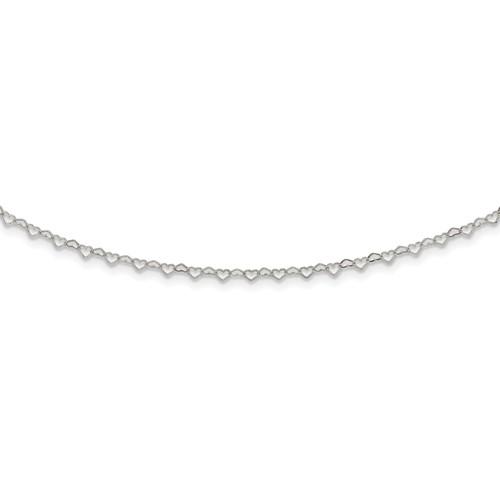 Sterling Silver Polished 2mm Heart Link Necklace with 4 Inch Extension Choker, 12"