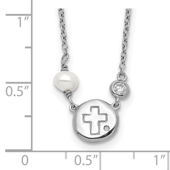Sterling Silver RH-plated CZ/Cross/FWC Pearl w/2in ext Necklace