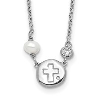 Sterling Silver Rhodium-plated CZ Cross Freshwater Cultured Pearl Necklace with 2 Inch Extension, 16" view 1