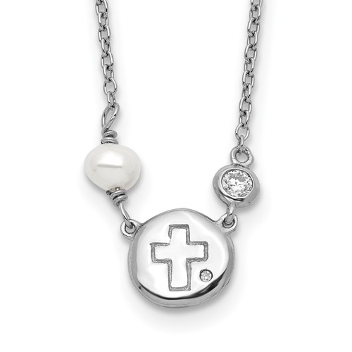 Sterling Silver Rhodium-plated CZ Cross Freshwater Cultured Pearl Necklace with 2 Inch Extension, 16"