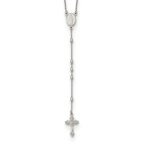 Sterling Silver Polished Beaded Necklace with 1.25 Inch Extension Rosary, 18"