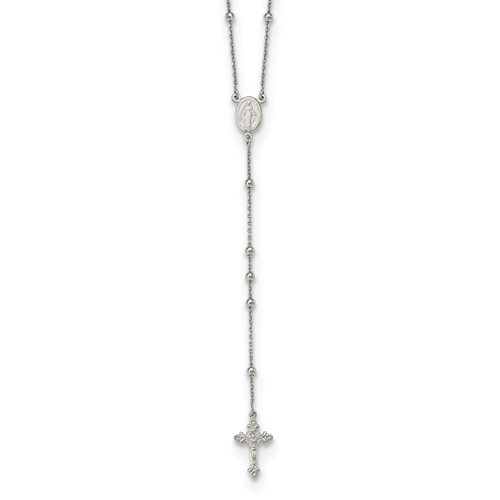 Sterling Silver Rhodium-plated Polished Beaded Rosary, 27"