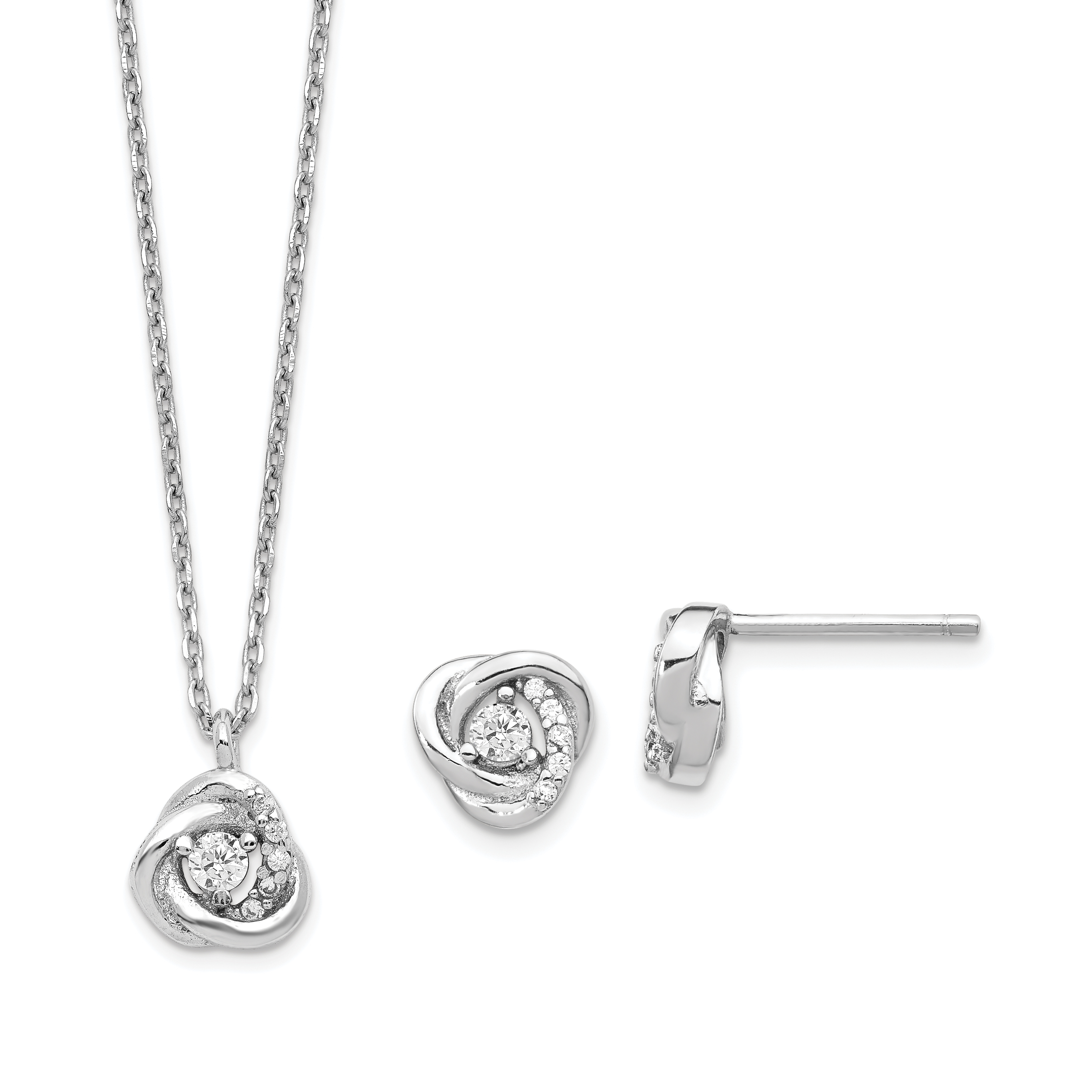 Sterling Silver Rhodium-plated CZ Love Knot Earrings w/2in ext Necklace Set (QG5611SET)