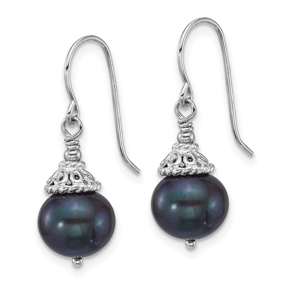 Sterling Silver Rhodium-plated 9-10mm Black Semi-Round Freshwater Cultured Pearl 18 inch Necklace and Dangle Earrings Set